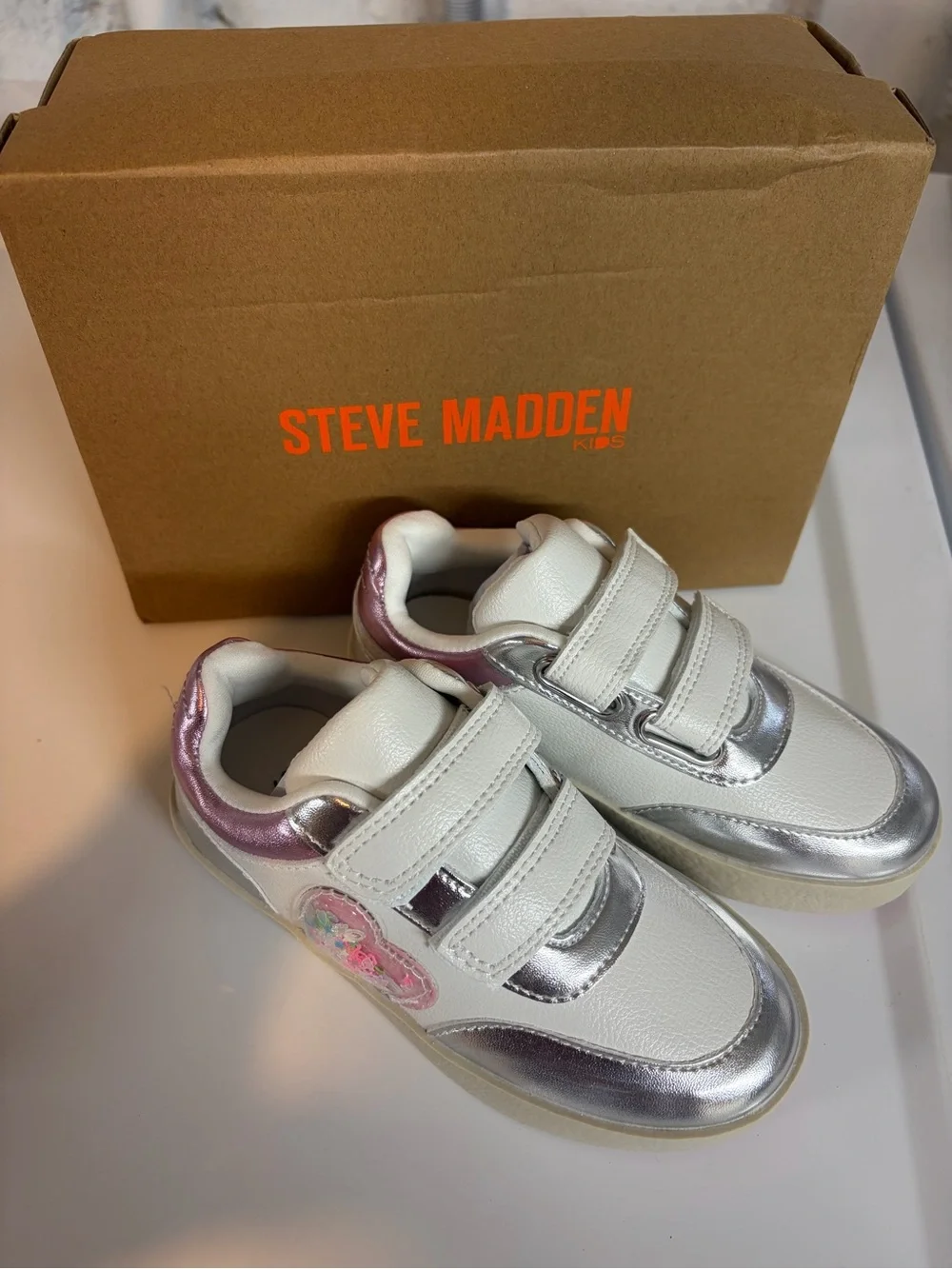 Steve Madden Kids White, Silver & Pink Velcro Sneakers
